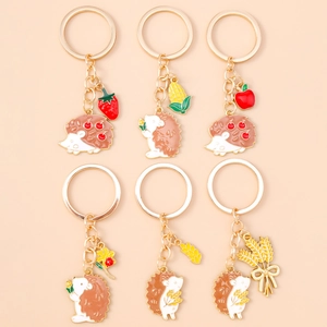 Cute Enamel Hedgehog Keychain With Fruit Plant Charm Zinc Alloy Cartoon Animal Bag Pendant For Women Kids Jewelry Gift