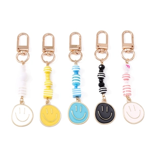 Fashionable beaded smiley face keychain set with colorful acrylic beads and gold clasps