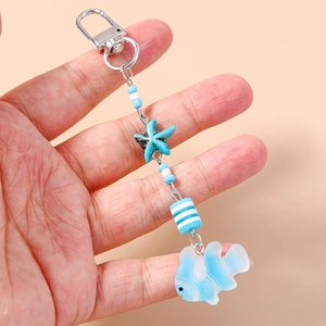 Fashionable ocean starfish and fish keychain charm for bags with blue white stripes