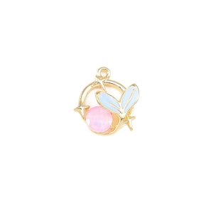Golden circle charm with pink gem and blue wings pendant for DIY jewelry making