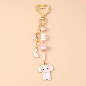 Porte-clés chien en émail rose et lapin blanc avec anneau cœur et perles pastels