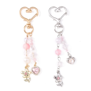 Porte-clés mode cœur et fleur avec strass et perles en finitions dorée et argentée