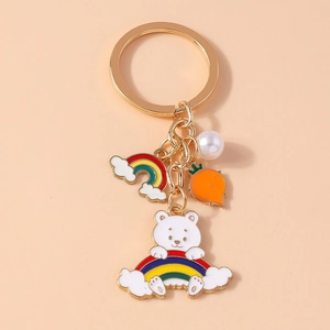 Cartoon Rainbow Bear Keychain With Rainbow Cloud Carrot And Artificial Pearl Gold Metal Bag Pendant For Women Girls Daily Accessory