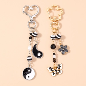 Vintage Tai Chi Bagua Butterfly Flower Keychain Zinc Alloy Resin Beads Artificial Pearl Bag Pendant Decorative Charm