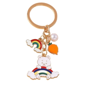 Cute white cartoon bear keychain with rainbow charm, pearl and carrot pendant on gold ring