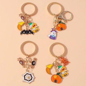 Halloween Cartoon Ghost Pumpkin Keychain Gold Zinc Alloy Enamel Bat Spider Charm Keyring Bag Pendant Festive Jewelry Gift