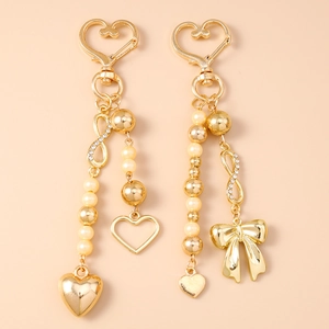 Gold Bow Heart Keychain Metal Faux Artificial Pearl Infinity Charm Bag Pendant Sweet Romantic Jewelry Gift For Women Accessories