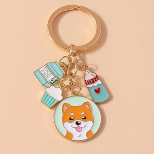 Porte-clés en Émail Dessin Animé Shiba Inu Lait Cupcake Alliage de Zinc Doré Pendentif de Sac Charme pour Femmes Filles Kawaii