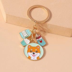 Porte-clés doré tendance avec charms chien Shiba Inu, brique de lait et petits gâteaux