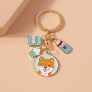 Porte-clés Shiba Inu doré avec pendentifs en émail pour lait, cupcake et biberon