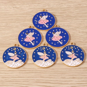 Set of six round blue enamel fairy pendants with gold stars for DIY jewelry making