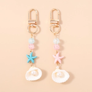 Fashion Ocean Theme Starfish Shell Keychain With Imitation Artificial Pearl Crackle Beads Cute Marine Style Bag Pendant For Women