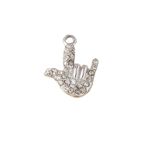 Pendentif geste I Love You argenté avec strass brillants pour fabrication de bijoux