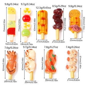 Detailed size chart for resin food skewers showing weights and dimensions of 9 pieces