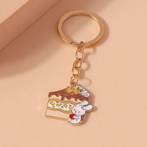 Kreativer Kaninchen-Kuchen-Schlüsselanhänger mit Emaille-Anhänger und goldener Metallkette