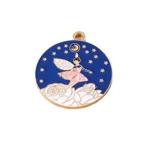 Fairy and moon enamel round pendants in blue and gold for DIY jewelry making