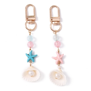 Ocean themed beaded keychain featuring starfish and shell charms for handbags
