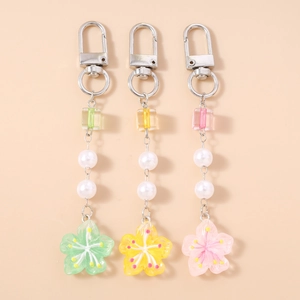 Sweet Resin Flower Beaded Keychain With Imitation Artificial Pearl Cherry Blossom Pendant For Women Girl Bag Charm Floral Keyring Gift