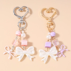 Sweet Stripe Beaded Keychain With Heart Clasp Resin Bow Faux Artificial Pearl Bag Pendant For Women Girls Kawaii Key Ring Accessory