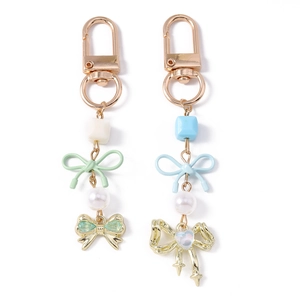 Porte-clés élégant en perles avec nœud et papillon en strass, couleurs menthe et bleu