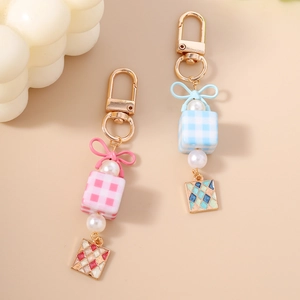 Fashion checkered cube keychain with ribbon bow and pearl pendant for bags