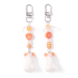 Détails de porte-clés chat en perles avec flocage blanc et pendentifs cœurs orange