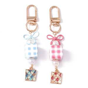 Fashionable cube keychain set with colorful checkers, bows and pearls for handbag decor