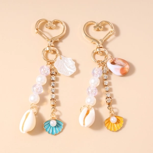 Porte-clés Künstliche Perle Coquillage Océan à la Mode Avec Crochet Cœur Doré Strass Pendentif de Sac pour Femme Bijoux