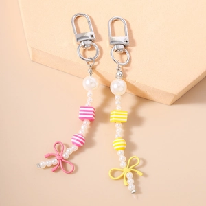 Beaded pearl keychain with colorful striped beads and sweet bows for bags and keys