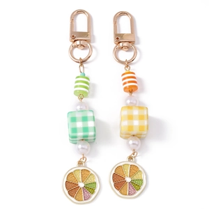 Beaded pearl keychain with checkered cube and lemon slice pendant for bags and keys
