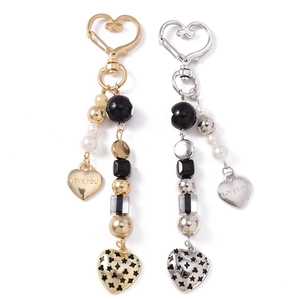 Porte-clés cœur perlé en or et argent avec perles et breloques Love You élégantes