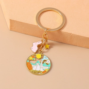 Golden Chinese style rabbit keychain with enamel moon rabbit pendant and star for bags