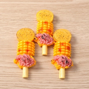Detailed view of resin roasted corn skewers with realistic textures and wood grain background