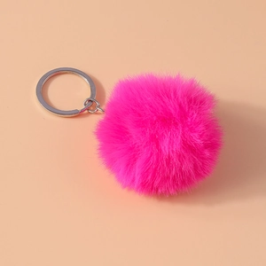 Detailed view of 8cm rose red faux fur pompom keychain with silver metal ring buckle
