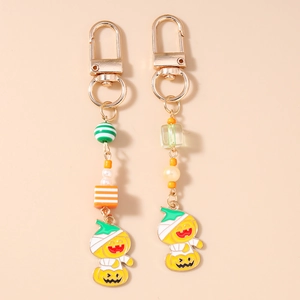 Halloween pumpkin mummy keychain with striped beads and gold lobster clasp set