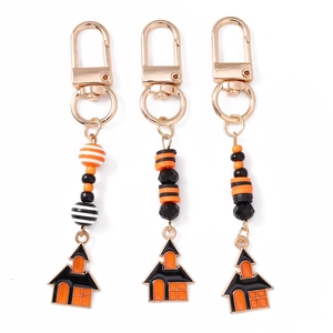 Halloween keychain set with striped beads and haunted house pendants in orange and black