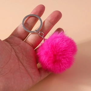 Plush 8cm rose red faux fur pompom keychain for handbags with silver metal ring