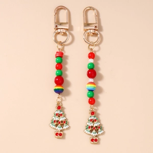 Porte-clés de Noël avec perles rayées et pendentif de sapin de Noël en émail