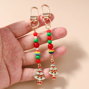Porte-clés de Noël perlé avec pendentif sapin de Noël blanc et crochet en métal doré
