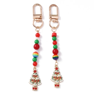 Porte-clés de Noël perlé avec perles rouges vertes et pendentif sapin doré émaillé