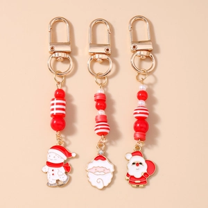 Christmas Beaded Keychain Santa Claus Snowman Pendant Zinc Alloy Enamel Key Ring Festive Bag Hanging Ornament Party Gift