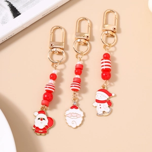 Three-piece Christmas striped beaded keychains with Santa Claus and Snowman pendants