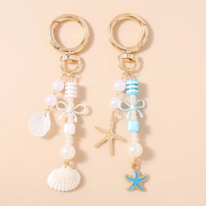 Mode Oceaan Thema Gestreepte Kralen Kunstparel Schelp Zeester Sleutelhanger Tas Hanger Voor Vrouwen Zomer Stijl Sleutelring Cadeau