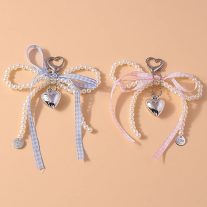 Porte-clés Nœud en Künstliche Perles d'Imitation Pendentif Cœur en Alliage Ruban Plaid Bijou de Sac Mode pour Femmes et Filles
