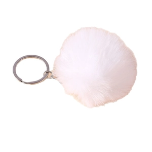 Fluffy white 8cm faux fur pompom keychain with polished silver metal ring accessory