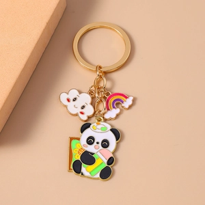 Cartoon panda keychain with golden metal ring plus cute cloud and rainbow pendants