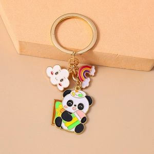 Panda keychain with cloud and rainbow charms in gold plated alloy for bags