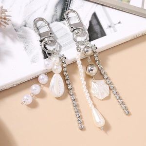 Fashion rhinestone chain keychain with pearls and shell pendant as a bag charm accessory