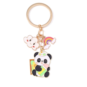 Cartoon panda keychain with cloud and rainbow enamel pendants on a gold metal ring