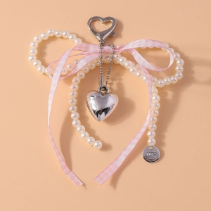 Porte-clés avec nœud en ruban rose, perles et pendentif cœur pour sacs et téléphones